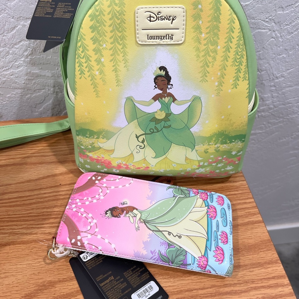 Loungefly Disney Princess Tiana Backpack and Wallet Set - Green and Pink